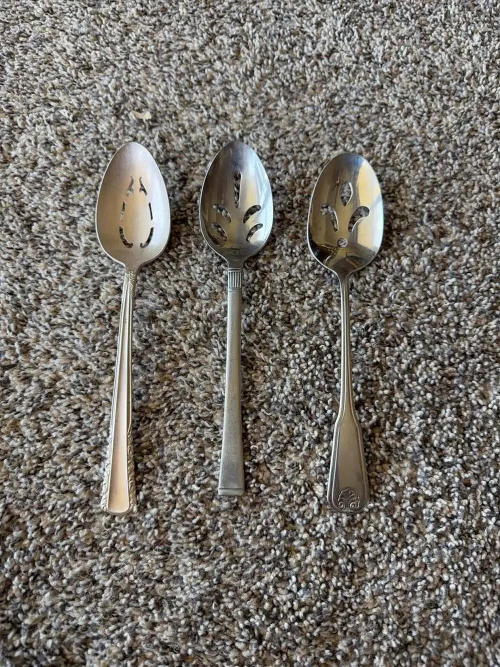 Set of 3 Vintage Mixed Pattern Stainless Steel & Deep silver Slotted Serving Spo